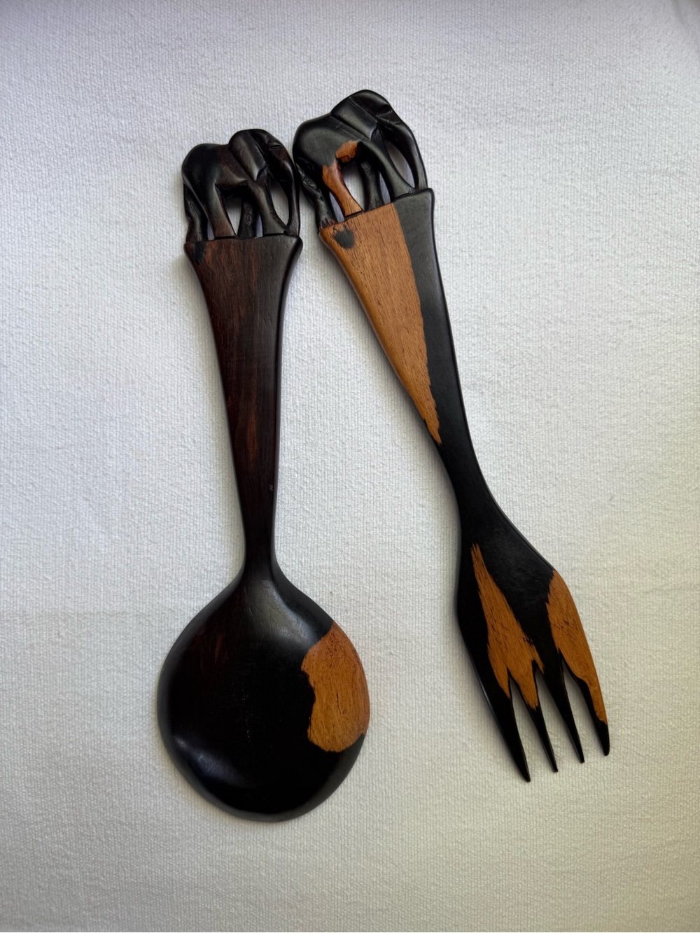 Vintage Hand-Carved Wooden Salad Server Set - Natural Ebony Wood with Elephant